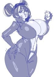 big_breasts busty_female curvy_female busty latex_clothing hair_bun diamond hand_on_hip wide_hips thick_thighs bathsalts1 midriff belly smug_face quency_(nikke) goddess_of_victory:_nikke barely_contained_breasts thick_body