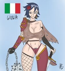 angry big_breasts bikini blue_hair breasts female gladiator italian italian_flag italy national_personification oppai panties pubic_hair pussy_nation scar southern_european sword