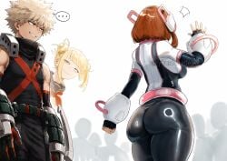 ai_generated ass ass_focus back_view backboob bakugou_katsuki boku_no_hero_academia curvy curvy_body curvy_female encouraging encouraging_viewer eye_contact hero_outfit_(mha) kacchako katsuki_bakugou looking_at_another looking_at_partner looking_back_at_viewer love malicious_smile muscular muscular_male my_hero_academia ochako_uraraka ochako_uraraka_(hero_outfit) romantic romantic_couple smile smiling thick_thighs toga_himiko uraraka_ochako
