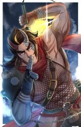 1boy abs absurd_res ahoge another_eidos_of_dragon_vein_r armpits arms_up bandaged_hand bara beard_stubble beefy biceps bracelet breasts brown_hair bulge bulge_through_clothing chains chest_hair dutch_angle fingerless_gloves fishnet_clothing fishnets forked_eyebrows full_moon fundoshi gay gloves grey_body half_demon hi_res holding_weapon horn hunk kongoh_(another_eidos) legs_apart long_hair long_scarf male male_only manly mature_male mofnyan moon muscles muscular muscular_arms muscular_male night ninja pecs red_fundoshi revealing_clothes rokushaku_fundoshi scar scar_on_chest scarf scroll shoulder_armor six_pack skimpy solo standing straps thick_eyebrows tough_guy two-tone_body veiny_arms very_high_resolution weapon weapon_on_back white_border yaoi yellow_eyes