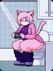aeris_(vg_cats) anthro bathroom belt big_butt blush bodily_fluids bottomwear butt cabinet clothed clothing digital_media_(artwork) domestic_cat felid feline felis female footwear gaming genital_fluids glass hair hi_res mammal narrowed_eyes overshirt panties panties_down pants partially_clothed peeing playing_video_game shirt shoes shower sillynamie sink solo squint squinted_eyes tail toilet toilet_use topwear undershirt underwear underwear_down urine vg_cats x-ray_view