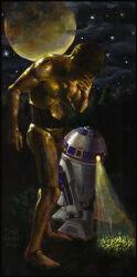 2012 balls c-3po dated flaccid gold_(metal) grass male male_only moon night oil_painting penis philip_gladstone r2-d2 robot star_wars traditional_media