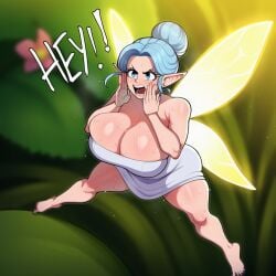 1girl ai_generated bare_shoulders barefoot blue_eyes blue_hair blurry_background blush breasts cleavage dress fairy fairy_wings hair_bun huge_breasts minigirl mongrealai navi navi_(mongrealai) open_mouth pointy_ears short_dress shouting single_hair_bun solo sweat thick_thighs thighs white_dress wings
