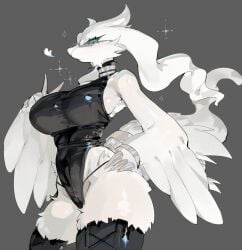 <3 1girls 4_fingers anthro big_breasts black_legwear black_leotard blue_eyes clawed_fingers eyelashes female female_only fur furry generation_5_pokemon glasses grey_background hand_on_hip hi_res legendary_pokemon legwear leotard light_blush looking_at_viewer narrowed_eyes nintendo pokemon pokemon_(species) reshiram simple_background solo thick_thighs toge77789 togetoge v_sign white_fur