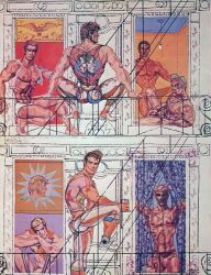 1961 6+boys 7boys balcony bulge curtains gay male male_only multiple_boys muscular nipples no_visible_genitalia original outdoors steve_masters_(mike_miksche) traditional_media yaoi