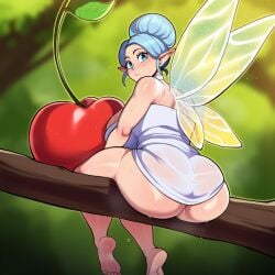 1girl ai_generated ass bare_shoulders barefoot blue_eyes blue_hair blurry blurry_background blush branch breasts cherry choker closed_mouth curvy dress fairy fairy_wings feet food from_behind fruit hair_bun huge_ass huge_breasts in_tree leaf looking_at_viewer looking_back minigirl mongrealai navi navi_(mongrealai) pointy_ears single_hair_bun sitting soles solo strapless_dress sweat thick_thighs thighs toes tree wet white_choker white_dress wings