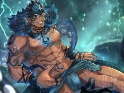 1boy abs absurd_res artist_signature bandana bara beard beefy biceps big_areola big_bulge black_hair blue_clothing blue_eyes blue_flame blue_hair blue_tentacles bracelet breasts bulge bulge_through_clothing cyan_hair daddy dark_skin dilf ear_piercing eyebrows_visible_through_headwear forked_eyebrows frown fur gay genital_outline goatee grin happy_trail headband hi_res hunk jewelry legs_apart loincloth looking_at_viewer male male_breasts male_only manly markings mature_male mofnyan moobs multicolored_hair muscles muscular muscular_arms muscular_legs muscular_male muscular_thighs navel_tattoo necklace neckwear octopus_tentacle pecs pointy_ears quadriceps raining ring seaside short_hair sideburns sitting six_pack skimpy solo storm tangaroa tattoo tattoo_on_chest tattoo_on_legs tattoo_on_stomach tattooed_arm thunderstorm tokyo_afterschool_summoners topless tough_guy two-tone_hair very_high_resolution wet wet_body yaoi