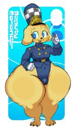 coriander_(saltyseaskunk) saltyseaskunk oc 1boy male solo solo_male male_only 2d text english_text simple_drawing twitter_link nonhuman furry furry_only furry_male dog canine canid clothing leotard police_uniform police_hat no_sex no_genitals femboy girly femboy_only furry_femboy bulge bulge_through_clothing gloves standing thighs thick_thighs huge_thighs fat_thighs wide_hips huge_hips ass huge_ass fat_ass fat_ass_femboy barefoot paws shortstack ass_bigger_than_head no_pants fat_hips uniform
