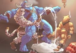 2020 abs anthro armor balls biceps bodily_fluids bovid bovine cattle cum felid genital_fluids genitals group hi_res lantiangou male male/male mammal muscular muscular_male pantherine pecs tiger trio unconvincing_armor