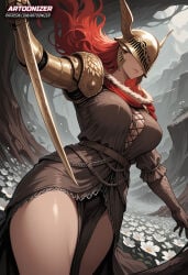 1girls ai_generated armor armwear artoonizer big_ass big_breasts covered_eyes dress elden_ring female fromsoftware gloves helmet large_breasts light-skinned_female light_skin long_hair malenia_blade_of_miquella patreon patreon_username posing prosthesis prosthetic_arm red_hair single_mechanical_arm solo solo_female solo_focus standing sword thick_thighs viewed_from_below weapon wide_hips legs_together serious serious_look outdoors one_arm_up