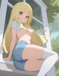 ai_generated blonde_female blue_jean_shorts heavenly_ass lillie_(pokemon) long_hair outdoors perfect_legs petite_female pokemon slutty_female small_ass small_breasts small_waist underboob