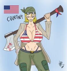 american_flag american_flag_bikini axe bandana big_breasts bikini bikini_top blonde_hair blood breasts brown_eyes cameltoe chopper courtney erect_nipples erect_nipples_under_clothes jacket military_uniform navel open_jacket oppai pants pussynation short_hair sunglasses thong wink