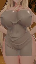 1girls 3d blue_eyes cornelia_vr dancing elf elf_ears huge_breasts indoors looking_at_viewer smiling_at_viewer solo tagme thick_thighs towel video vrchat white_skin wide_hips yellow_hair