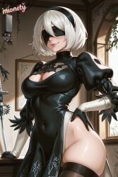 1girl 2b_(nier:automata) ai_generated artist_name black_blindfold black_dress black_gloves black_hairband black_thighhighs blindfold breasts brown_thighhighs candle candlestand cleavage cleavage_cutout closed_mouth clothing_cutout contrapposto covered_eyes covered_navel cowboy_shot dress facing_viewer feather-trimmed_sleeves feather_trim gloves groin hair_between_eyes hairband hand_on_own_hip highleg highleg_leotard indoors juliet_sleeves katana large_breasts leotard lips long_sleeves medium_breasts mionety mole mole_under_mouth nier:automata nier_(series) no_panties nose parted_lips pelvic_curtain pink_lips pod_(nier:automata) puffy_short_sleeves puffy_sleeves shiny_skin short_hair side_slit signature skindentation smile solo standing sword thick_thighs thighhighs thighs turtleneck vambraces weapon weapon_on_back white_gloves white_hair white_leotard window yorha_2b