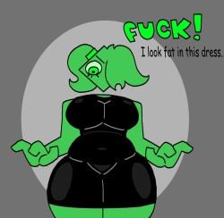 ferman ferwoman_(ferman_404) green_eyes green_hair green_skin green_body dress black_dress thick big_breasts eyelashes confused confused_look confused_expression text examination belly stomach stomach_bulge hair_tie thighs thick_thighs 1girl women female r63 genderbend genderswap boobs breasts belly_bulge chubby chubby_female