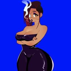 original_character original original_artwork latex latex_clothing latina latina_female perky_breasts smoking smoking_cigarette half-shaved_hair shaved_head red_hair orange_eyes purple_lipstick crossed_arms eyepatch flightriskbiter tan_body tan_skin tubetop tube_dress highres high_resolution