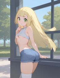 ai_generated blonde_female blue_jean_shorts heavenly_ass lillie_(pokemon) long_hair outdoors perfect_legs petite_female pokemon slutty_female small_ass small_breasts small_waist
