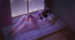 bed blonde_hair dark_hair dark_skin interracial mercy overwatch pharah yuri