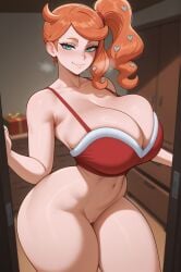 christmas_outfit red_bikini bare_shoulders aqua_eyes long_hair orange_hair side_ponytail sonia_(pokemon) pokemon_ss nintendo game_freak huge_breasts large_breasts busty big_breasts light-skinned_female 1girls solo solo_female female female_only teasing indoors curvy curvy_figure stable_diffusion ai_generated hi_res highres voluptuous voluptuous_female heart_hair_ornament stuffyai