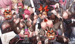 2girls absurdres animal_ears blonde_hair breasts censored character_request commentary_request dark-skinned_male dark_skin dinomorphia_kentregina duel_monster group_sex highres interracial inverted_nipples lactation large_breasts leotard megatron_(pixiv16907671) multiple_girls multiple_views nipple_piercing nipples orgy piercing pink_hair playboy_bunny polaroid_photo rabbit_ears sex sex_from_behind tongue tongue_out torn_clothes torn_leotard vaginal very_dark_skin yu-gi-oh!