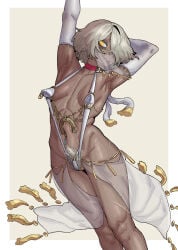1girl absurdres arm_behind_head armpits arms_up breasts chinese_commentary choker commentary_request covered_nipples dancer dark-skinned_female dark_skin ebonyxh elbow_gloves eylin_eyla_(ebonyxh) female_pervert female_pubic_hair gloves grey_hair grey_pubic_hair hair_over_one_eye highres horseshoe_ornament mouth_veil navel_piercing nipple_piercing original pervert petite piercing piercing_through_clothes pubic_hair pubic_hair_peek pussy pussy_peek red_choker revealing_clothes ringed_eyes see-through_clothes see-through_skirt see-through_veil short_hair showgirl_skirt skirt small_breasts solo veil white_gloves yellow_eyes