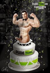 1boy 2011 3d anniversary armpit_hair balls bara black_hair black_necktie blue_eyes cake celebration chest_hair confetti cum cum_drip cymon_king dated erection flexing gay light_skin looking_at_viewer male male_only muscular necktie nipples original penis pubic_hair signature solo watermark yaoi