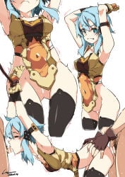 1girl 2boys arm_strap armpits arms_up artist_name bar_censor belt black_belt black_gloves black_thighhighs blue_eyes blue_hair bodysuit bound bound_arms breasts brown_gloves brown_tank_top censored check_clothing clenched_teeth closed_eyes closed_mouth clothing_request collarbone commentary_request commission covered_navel crop_top curvy dated double-parted_bangs elbow_gloves erection fingerless_gloves gloves grabbing_another's_ass grabbing_from_behind groping hair_between_eyes hair_ornament hairclip hetero highres looking_at_viewer male_pubic_hair medium_breasts medium_hair messy_hair motion_lines multicolored_gloves multiple_boys multiple_views no_panties nude open_mouth oral orange_bodysuit orange_gloves penis pubic_hair pussy_juice rape sex shikei sidelocks signature sinon sinon_(sao-ur) skeb_commission spitroast split_mouth standing standing_sex sweat sword_art_online sword_art_online:_unital_ring tank_top tearing_up teeth testicles textless_version thick_thighs thighhighs thighs two-tone_tank_top underbust very_sweaty watermark wide_hips yellow_gloves yellow_tank_top