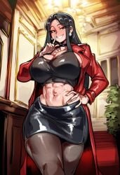 1girls abs ai_generated bare_thighs big_breasts black_eyes black_hair clothed clothing color earrings farggothdur female female_focus female_only gwen_(trogiai) hi_res jacket jacket_open large_breasts light-skinned_female light_skin long_hair looking_at_viewer pantyhose pearl_earrings smug smug_face solo solo_female standing thick_thighs topwear