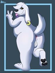 anthro anus backsack balls blep butt canid canine december_dreams ear_piercing ear_ring family_guy fur genitals gesture hand_gesture hi_res jasper_(family_guy) looking_at_viewer male mammal piercing presenting presenting_hindquarters ring_piercing slightly_chubby solo tongue tongue_out v_sign white_body white_fur