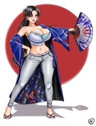 1girl animal_print bare_shoulders big_breasts black_hair blue_jeans blue_robe blush blush_lines blushing breasts brown_eyes butterfly_hair_ornament butterfly_print capcom cleavage commentary commission denim english_commentary fatal_fury folding_fan full_body hair_ornament hand_fan highres holding_fan huge_breasts jeans long_hair long_sleeves looking_at_viewer mai_shiranui mai_shiranui_(street_fighter_6) midriff navel official_alternate_costume official_alternate_hairstyle one_eye_closed open_clothes open_mouth open_robe open_toe_footwear open_toe_shoes pants robe sandals shadow shiranui_mai signature smile smiling_at_viewer snk solo standing strapless street_fighter street_fighter_6 tube_top very_long_hair waifuviolenta white_pants white_tube_top wide_sleeves wink winking winking_at_viewer