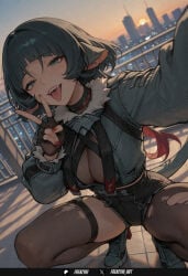 1girl solo breasts looking_at_viewer blush smile short_hair open_mouth bangs blue_eyes large_breasts black_hair thighhighs gloves long_sleeves animal_ears cleavage jacket tail outdoors shorts tongue black_gloves tongue_out blunt_bangs fingerless_gloves nail_polish high_heels torn_clothes v black_shorts squatting red_nails selfie torn_thighhighs frenzyai ai_generated jane_doe_(zenless_zone_zero) zenless_zone_zero