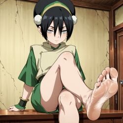 toph_bei_fong avatar_the_last_airbender ai_generated haremoverlord female female_only female_focus 1girls 1girl small_breasts legs legs_crossed feet feet_focus foot_fetish barefoot soles teasing