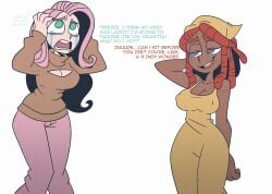 2girls boobs breasts clothing dark-skinned_female dress english_text fluttershy_(mlp) green_eyes handkerchief headwear my_little_pony neckline nipple_bulge orange_hair pink_hair purple_eyes sayasushiswag simple_background tears text tree_hugger_(mlp) turtleneck white_skin