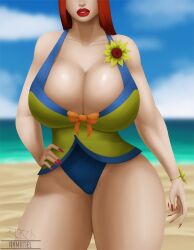 2026 anmatiel aspect_host big_breasts blurry_background faceless_female hourglass_figure hourglass_figured_female league_of_legends leona_(league_of_legends) pale-skinned_female pale_skin pool_party_leona pool_party_series red_hair red_lipstick riot_games thick_thighs watermark