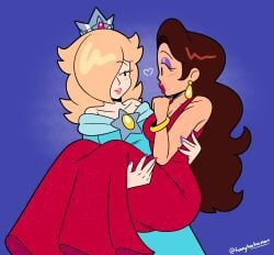being_held blonde_female blushing brunette_female funnyhoohooman lesbian love_heart mario_(series) nintendo pauline pauline_(mario) princess_carry princess_rosalina yuri