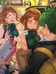 6+girls absurdres bakugou_katsuki bare_shoulders black_sweater blush boku_no_hero_academia boku_no_hero_academia_(finale) breasts brown_eyes brown_hair brown_skirt commentary crossover dual_persona eijirou_kirishima english_commentary eyelashes fair6805_(rkrk12) frieren genos grey_hair highres himiko_toga izuku_midoriya kirishima_eijiro large_breasts midoriya_izuku multiple_girls my_hero_academia my_hero_academia_(finale) ochako_time-skip ochako_uraraka one-punch_man post-timeskip rkrk12 saitama saitama_(one-punch_man) shirt short_hair skirt sousou_no_frieren sweater tatsumaki toga_himiko uraraka_ochako white_shirt yellow_eyes