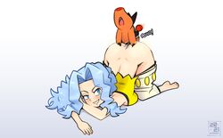 1boy 1girls ambiguous_penetration ass ass_up bestiality big_ass blackcat18up blue_eyes blue_hair blush female female_penetrated interspecies karen_(pokemon) nintendo orange_body pants pants_down pokemon pokemon_bw pokemon_gsc pokephilia pounding sex size_difference smaller_male smile tepig zoophilia