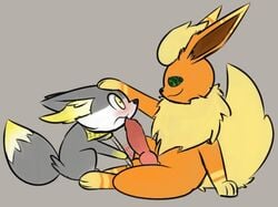 2021 3_toes allandi animal_genitalia animal_penis balls big_penis black_nose canine_penis eeveelution erection fan_character feet fennekin flareon fluffy fluffy_tail fur genitals grey_body grey_fur hand_on_head head_tuft kerchief knot looking_at_another looking_at_partner male male/male nintendo penis pokémon_(species) pokemon pokemon_(species) sallandril text toes tuft video_games vovo yellow_inner_ear_fluff yellow_kerchief yellow_paws yellow_tail yellow_tuft