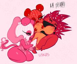 3girls breast_sucking breasts dildo dildo_in_pussy dildo_penetration fan_character flaky_(htf) furry gag gagged happy_tree_friends large_breasts lesbian licking_breast lion lioness mask masked nipples porcupine sucking_nipples tied_up unitedstateskid_(artist) yuri