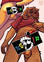 absurd_res anthro backsack balls bird_dog blush blush_lines butt canid canine canis censored clothed clothing domestic_dog embarrassed fur genitals glitch_productions golden_retriever half_naked hi_res holkaqonka humanoid_genitalia humanoid_penis hunting_dog male mammal orange_body orange_fur penis raised_clothing raised_tail retriever scratch_(tadc) solo spread_butt spreading standing tail the_amazing_digital_circus