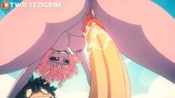 1boy animated ashido_mina ass black_sclera boku_no_hero_academia colored_sclera colored_skin cowgirl_position female horns huge_ass large_penis messy_hair midoriya_izuku mina_ashido my_hero_academia penis pink_hair pink_skin pussy_juice sex short_hair straddling teenager twistedgrim video wide_hips yellow_eyes yellow_horns