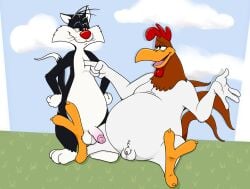 anthro avian balls beak bird black_body black_fur chicken domestic_cat duo eye_contact feathers felid feline felis foghorn_leghorn fur galliform genitals hi_res humanoid_genitalia humanoid_penis looking_at_another looney_tunes male mammal multicolored_body multicolored_feathers multicolored_fur neenya penis penis_size_difference phasianid red_body red_feathers smile sylvester_(looney_tunes) tail_featers two_tone_body two_tone_feathers two_tone_fur warner_brothers white_body white_feathers white_fur