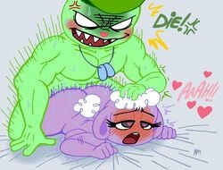 bear blush female flippy_(htf) from_behind furry green_fur hair_grab hair_pull happy_tree_friends headwear heart-shaped_pupils lamb lammy_(htf) lilli_villa male muscles muscular muscular_male neckwear purple_fur sheep straight white_hair