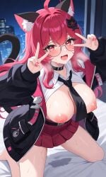 1girl 1girls after anal sex vaginal aftermath creampie animal hat arms out ass breasts cat ears girl tail catgirl cum drip in pussy inside on stomach cumdrip full of legs spread messy hair red eyes solo twin braids wet body skin nanally_(neverness_to_everness) neverness_to_everness ai_generated