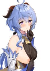 1girls ayul_(ayulneri_92) blush breasts cowbell erect_nipples female flashing ganyu_(genshin_impact) genshin_impact goat_horns large_breasts looking_at_viewer naughty_face nipples no_bra one_breast_out secret smile teasing