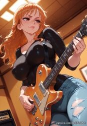 1girl 2026 ai_generated anime black_shirt boobs breasts brown_eyes cleavage closed_mouth collarbone covered_nipples crossover denim electric_guitar female female_focus female_only from_below guitar highres holding holding_instrument huge_breasts indoors inside instrument jeans large_breasts lips long_hair long_sleeves low_angle music nami_(one_piece) neutral_expression nsfw one_piece orange_eyes orange_hair pants patreon patreon_username playing_instrument rognezart shirt smile smiling solo torn_clothes torn_jeans torn_pants very_long_hair