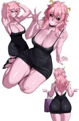 1girl absurdres armpits ashido_mina ashido_mina_time-skip ass ass_focus bare_shoulders black_sclera boku_no_hero_academia breasts cleavage colored_sclera colored_skin commentary from_behind grin highres horns large_breasts long_hair looking_at_viewer mg991998 mina_ashido mina_ashido_time-skip multiple_views my_hero_academia official_alternate_costume official_alternate_hairstyle open_mouth pantylines pink_hair pink_skin smile tight_clothes yellow_eyes