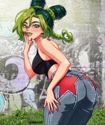 1girls arched_back ass ass_focus bare_shoulders bent_over big_ass big_breasts big_butt birthmark blush blushing braid braided_hair braided_ponytail breasts busty curvaceous curvy curvy_female curvy_figure david_productions double_bun erogamu fat_ass female female_focus female_only gamusaur glistening glistening_body green_eyes green_hair green_lips green_lipstick huge_breasts jeans joestar_birthmark jojo's_bizarre_adventure jolyne_kujo large_ass large_breasts leaning_forward light-skinned_female light_skin lipstick ponytail presenting presenting_ass presenting_butt presenting_hindquarters shiny shiny_skin shounen_jump sideboob solo solo_female solo_focus sports_bra stone_ocean thick_thighs thighs voluptuous voluptuous_female