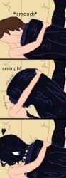 yakuman_player_(artist) comic comic_strip tar tar_slug tar_monster tar_creature wam kiss kissing pinned human boy male male_only male_focus femboy femboy_focus brown_hair light-skinned_male light_skin blue eyes 3_panel_comic partial_vore naked naked_male black_body sfx sound_effects