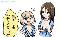 2girls aoshidan_school_uniform arm_under_breasts blonde_hair blue_eyes blue_shirt blush breasts brown_hair closed_mouth commentary fang girls_und_panzer hand_on_own_arm hands_on_own_hips head_rest katakori_sugita katyusha_(girls_und_panzer) large_breasts long_hair looking_at_another multiple_girls nipples nonna_(girls_und_panzer) open_mouth pixiv_username school_uniform shirt short_hair simple_background suspenders upper_body white_background